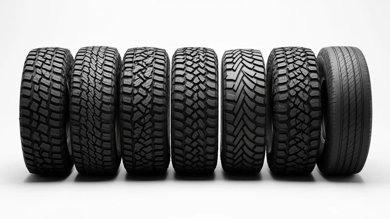 Side-by-side comparison of Atturo tire tread patterns: X/T hybrid, ATS all-terrain, M/T mud terrain, MTS karambit, Boss extreme, and AZ street performance