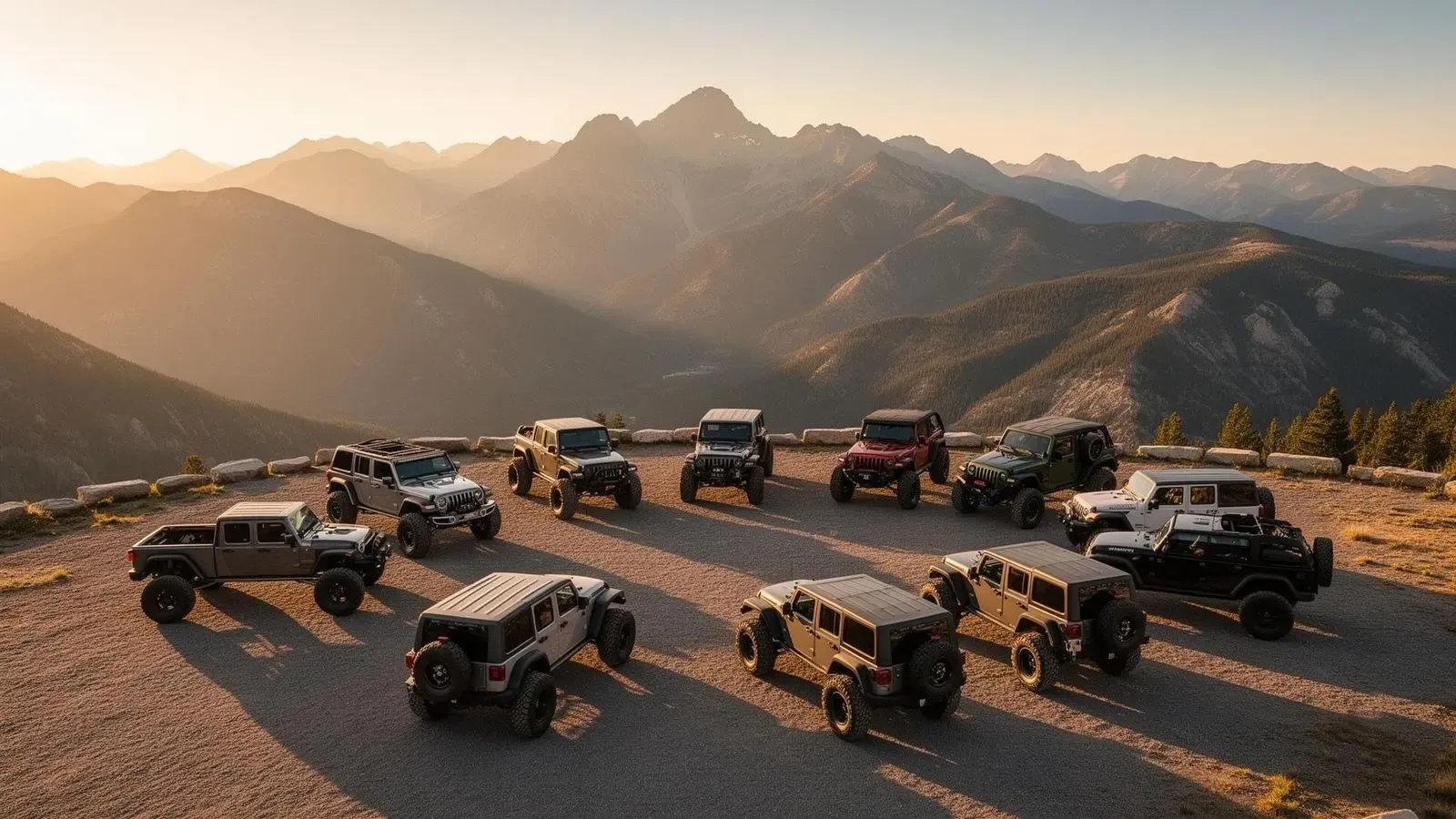 Lifted trucks and Jeeps at scenic mountain overlook