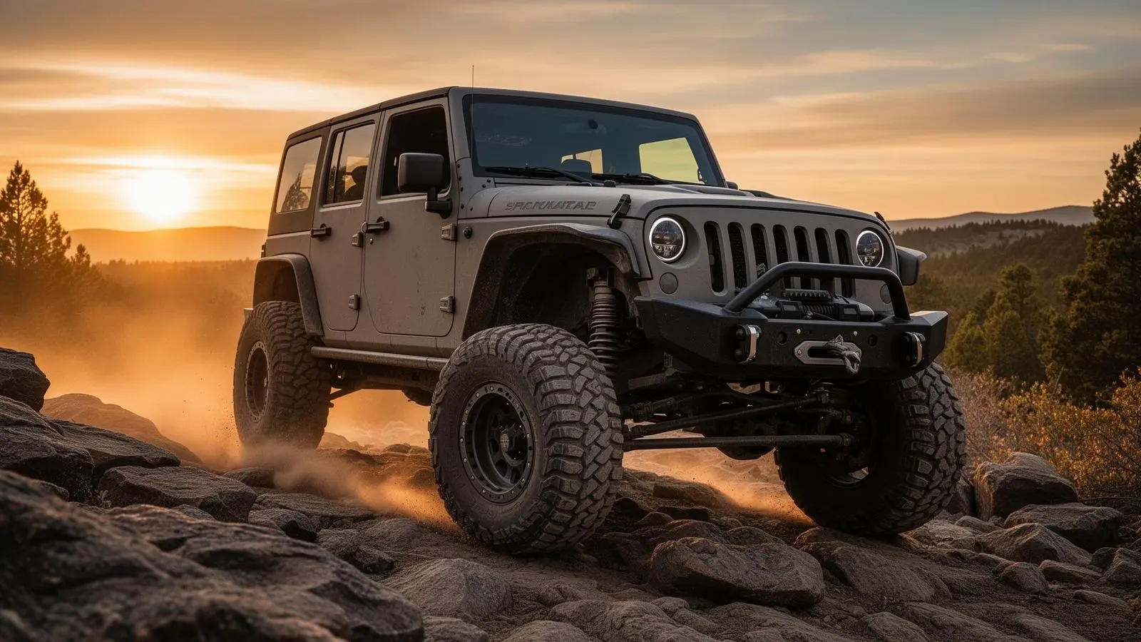 Rugged Jeep Wrangler conquering rocky terrain at sunset