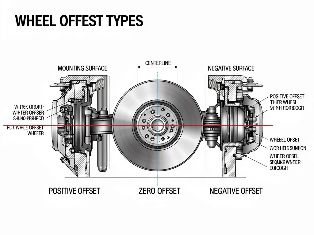 Wheel offset types diagram showing positive, zero, and negative offset cross-sections with labeled mounting surface and centerline