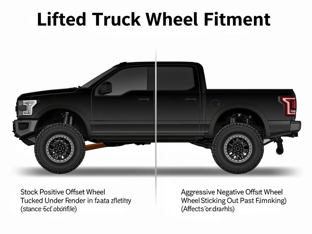 Side-by-side comparison of stock positive offset wheel tucked under fender versus aggressive negative offset wheel sticking past fender on a lifted truck