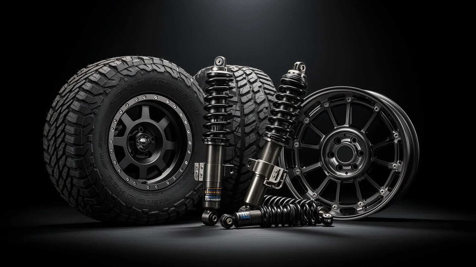 Premium off-road suspension, wheels, and tires product display