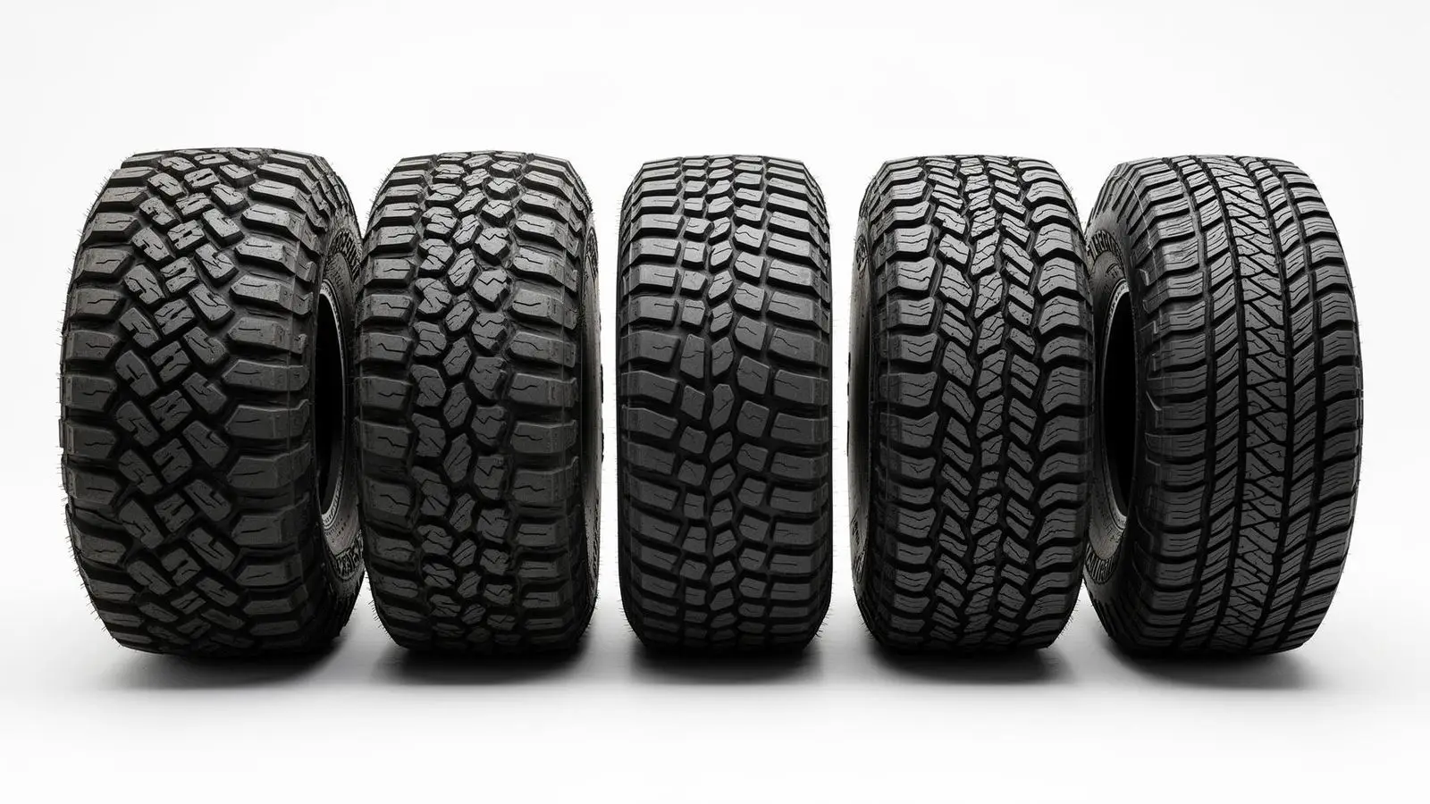 Side-by-side comparison of Predator New Mutant tire tread patterns: X-MT extreme mud terrain, X-RT rugged terrain, RT Trail hybrid, X-AT all-terrain